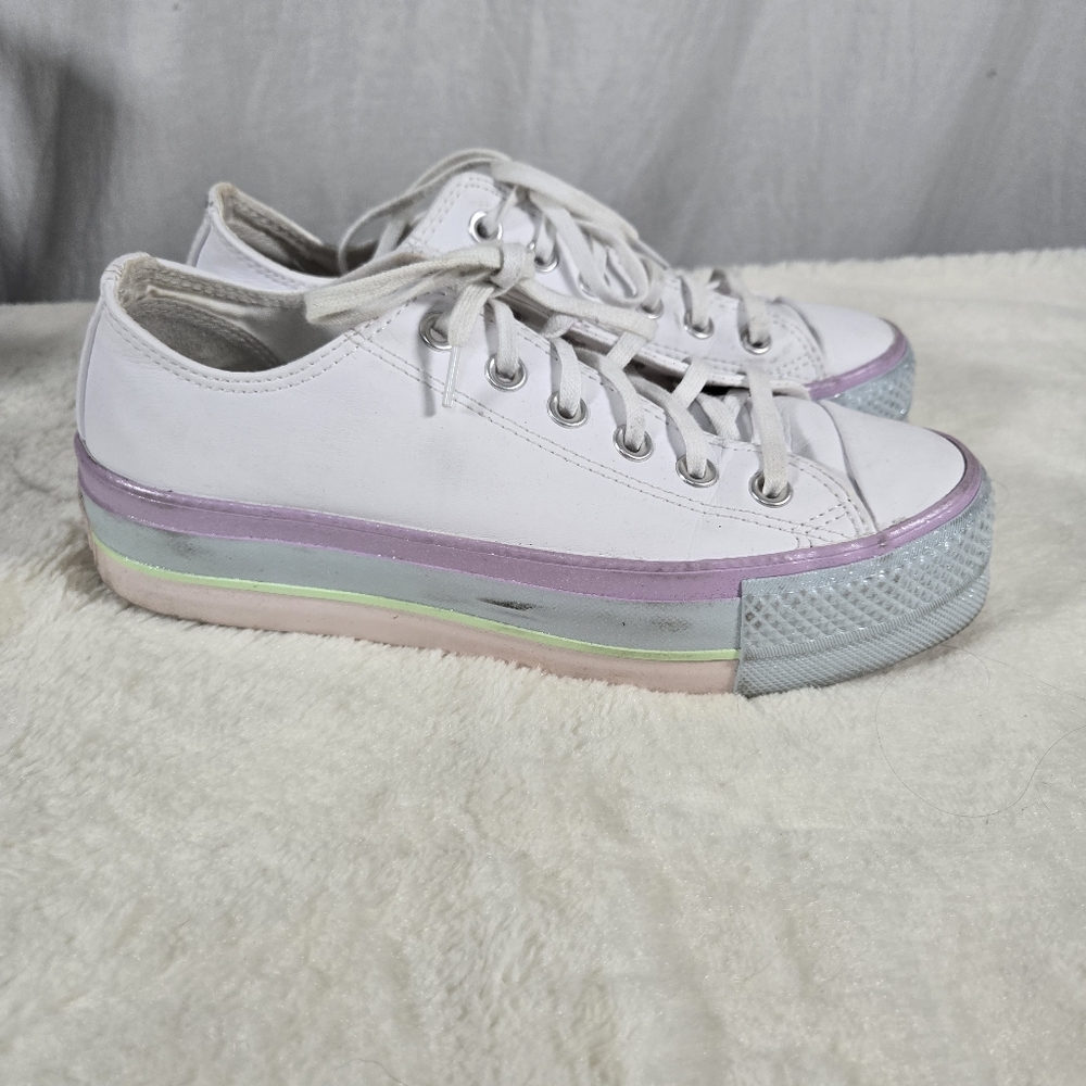 Convere All Star White Leather Platform  Low Top Shoes Size 7 - Picture 5 of 8